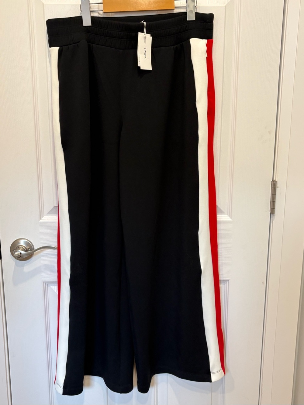 SPANX Black Wide-Leg Pants with White & Red Side Stripes #1017